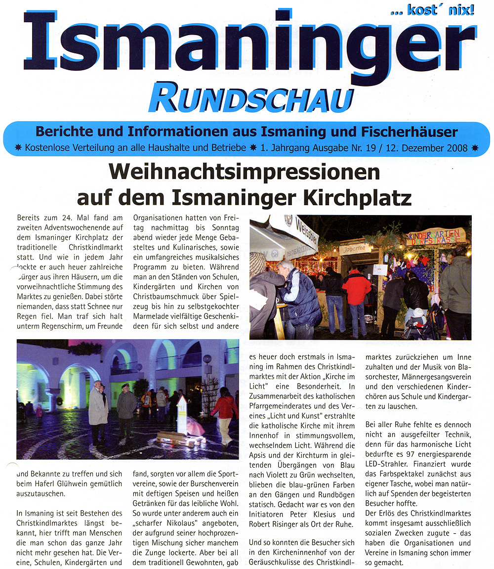 Rundschau, Presse, Risinger, Robert, Oberedel, Obermayr Edeltraud, Christkindlmarkt, Kirche im Licht, lichtkunst, beleuchtung